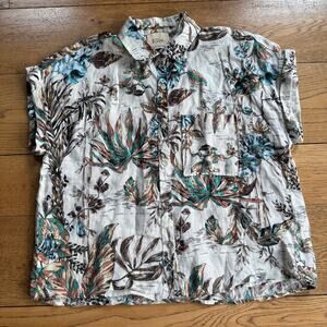 Elie Tahari Tropical Linen Button Down SZ XS Boho Crop Boxy Tropical Vacation
